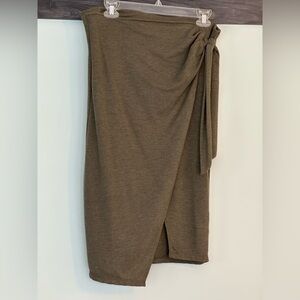 Olive green Faux wrap skirt, large, soft breathable fabric, fauxtie,elasticwaist